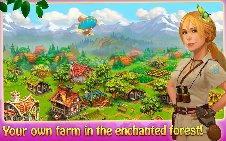 Schermata di Charm Farm con casette nel bosco e personaggi fatati