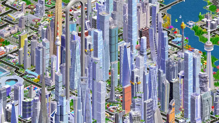Schermata di Designer City con grattacieli, parchi e lungofiume