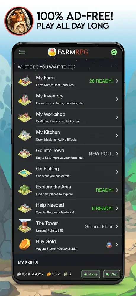 Schermata di Farm RPG con il menu della fattoria e le colture