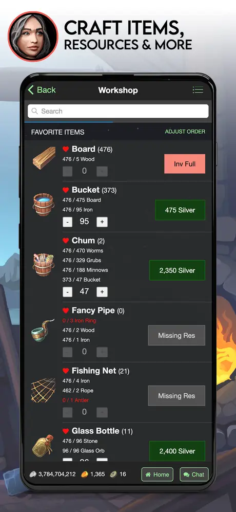 Schermata di Farm RPG con l'inventario degli oggetti artigianali