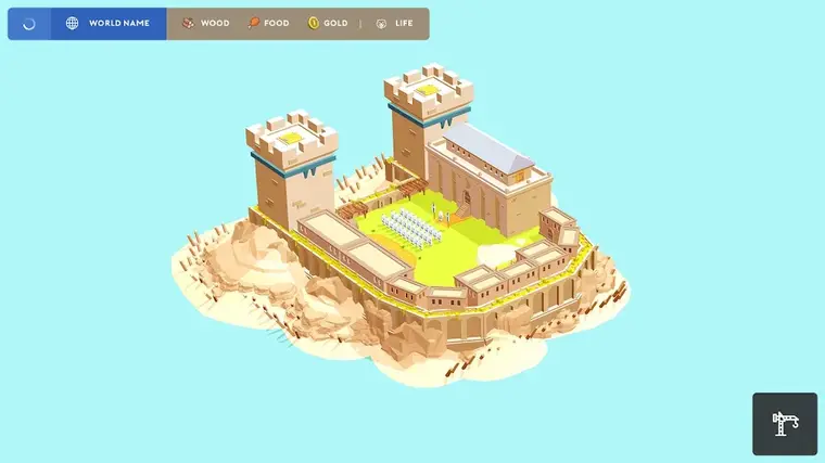 Schermata di Pocket Build con casette, recinti e animali in un mondo 3D
